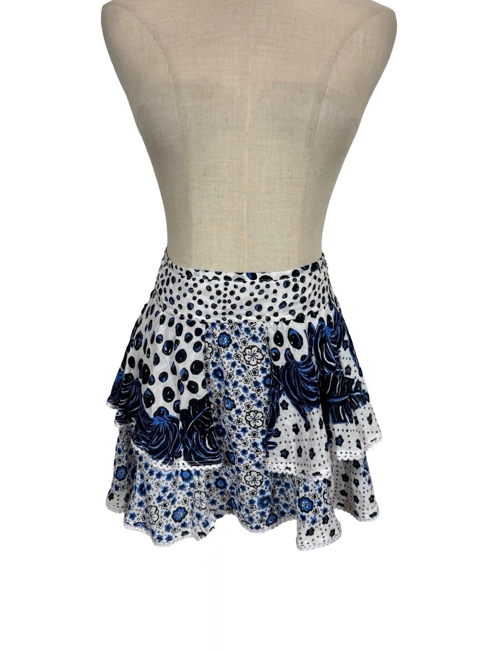 Poupette St Barth Naomi Ruffle Mini Skirt in Blue Black Persian Banana Print - Picture 3 of 10
